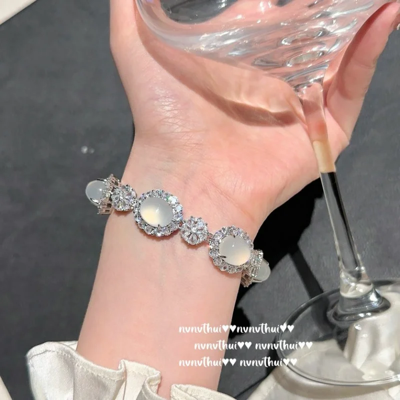 925 Silver Inlaid High Ice White Chalcedony Set Agate Earrings Bracelet Necklace Ring Four-Piece Set 4