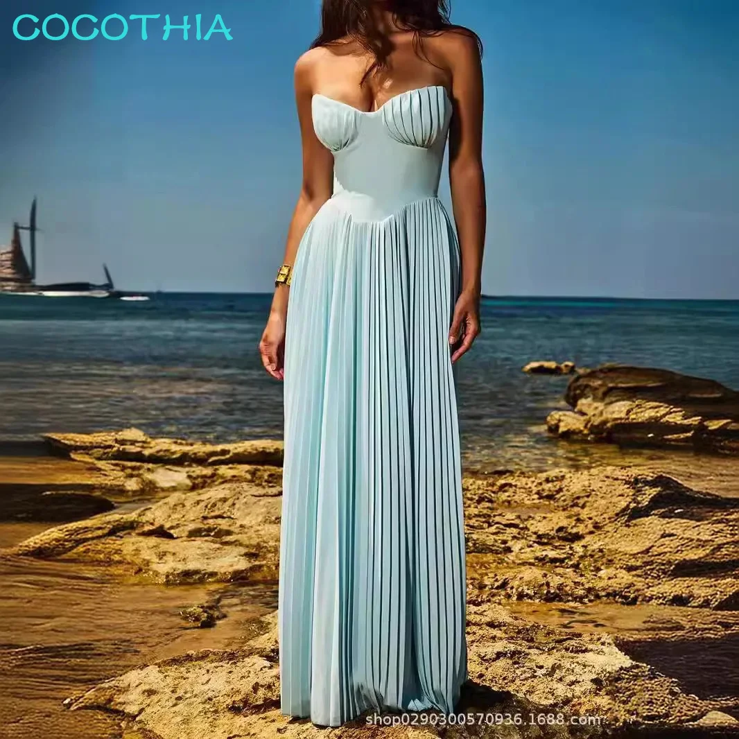 COCOTHIA Slash Neck Strapless Chest Wrap Sleeveless Backless Zipper Pleated Slim Maxi Dress Summer New Arrivals Sweet Vestidos