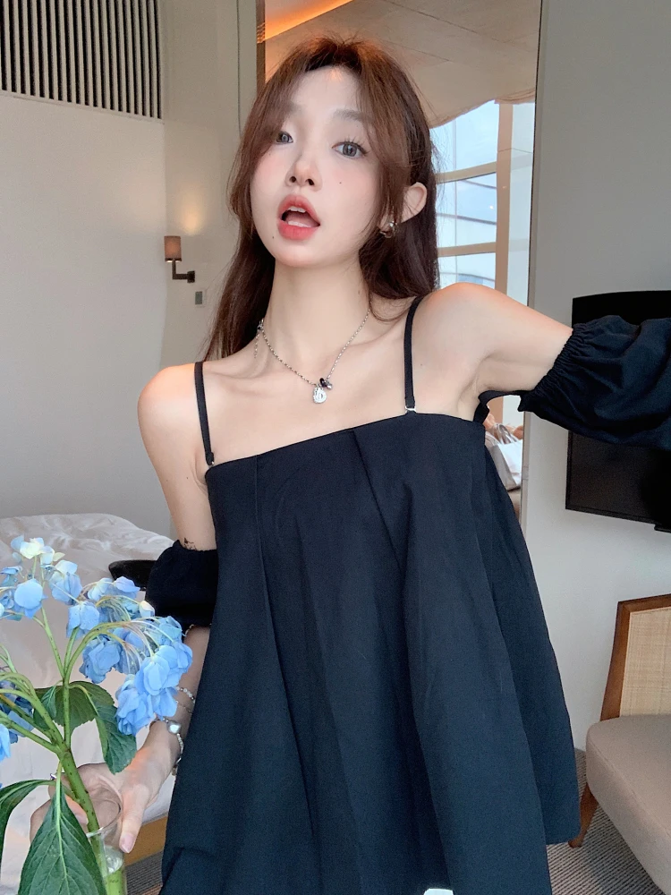 

Summer Female Clothes Solid Color Puff Sleeve Slash Neck Strap Shirts Young Lady Sweet Shirt Loose Woman Blouses Backless Tops