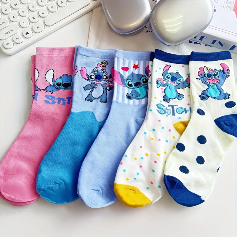 

5 Pairs of Novel and Quirky Cartoon Stitch Pattern Women's Mid Tube Socks With Personalized College Style Anime Casual Socks