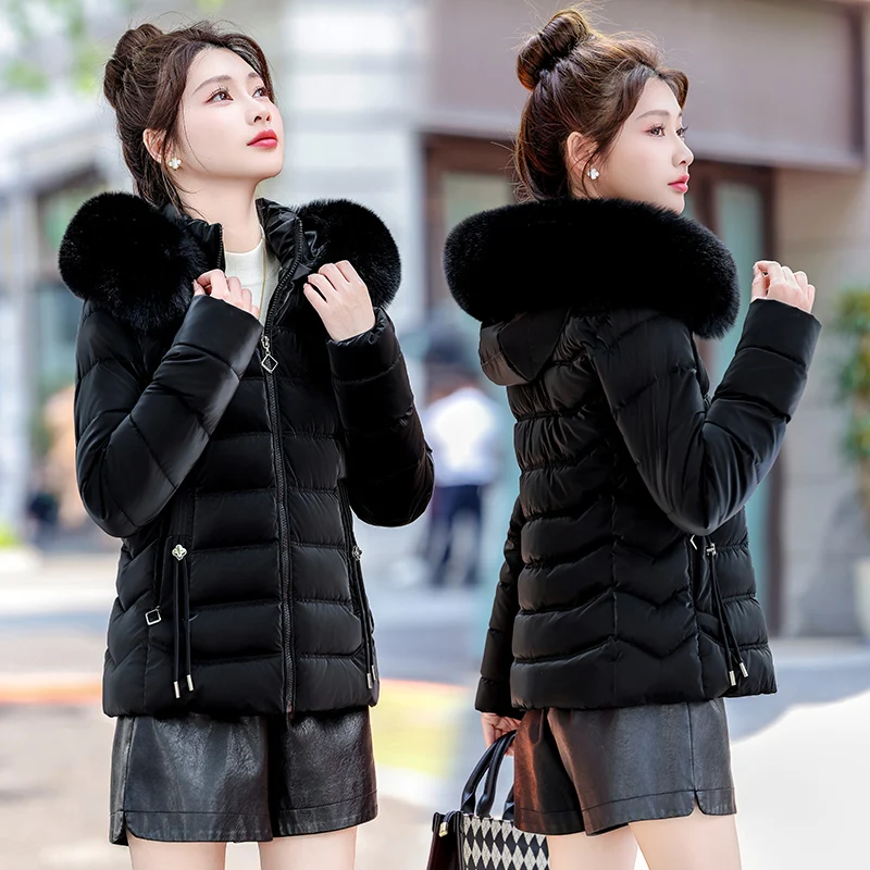

Thiened ort Winter Jaet Removable Hat Cotton Padded Coat Large Fur Collar Slimming Women's Cotton Outerwear Coat