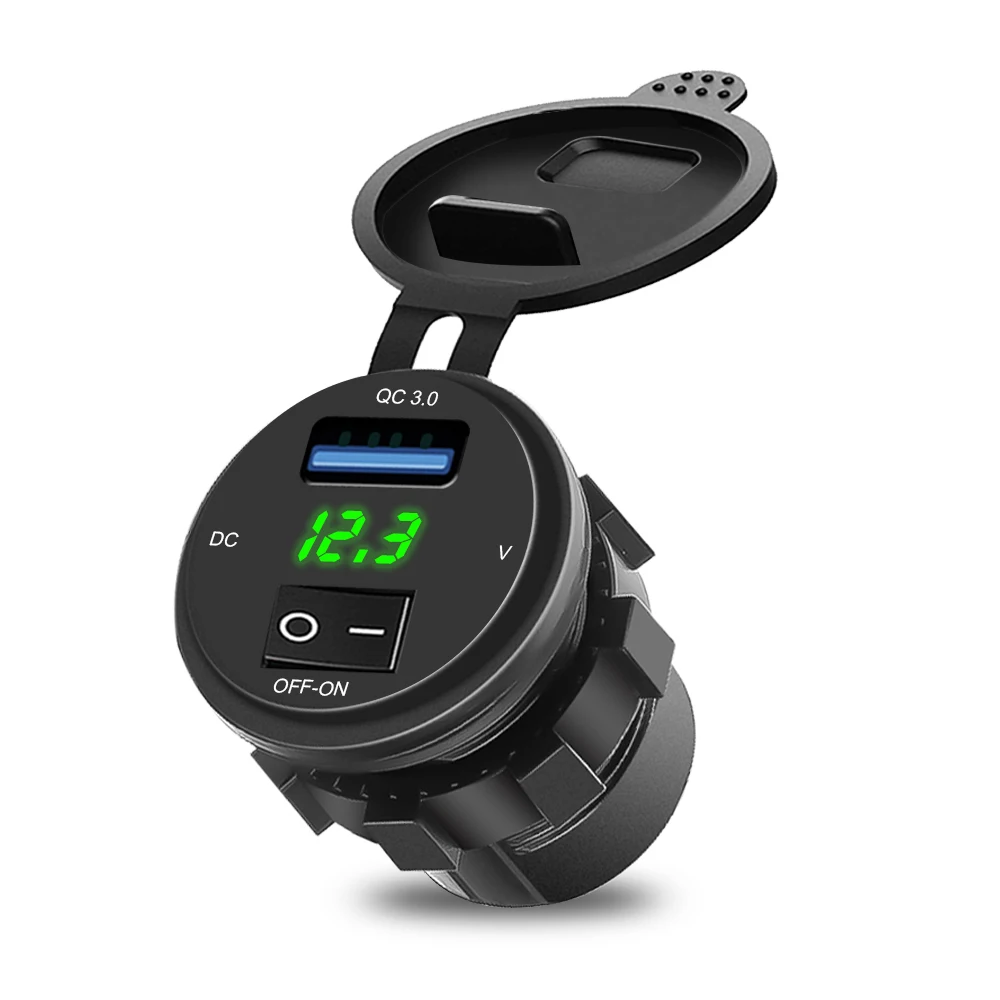 18W QC 3.0 USB Phone Car Charger Socket Digital Display Voltmeter USB Charger Socket With ON-OFF Switch For Motorcycle