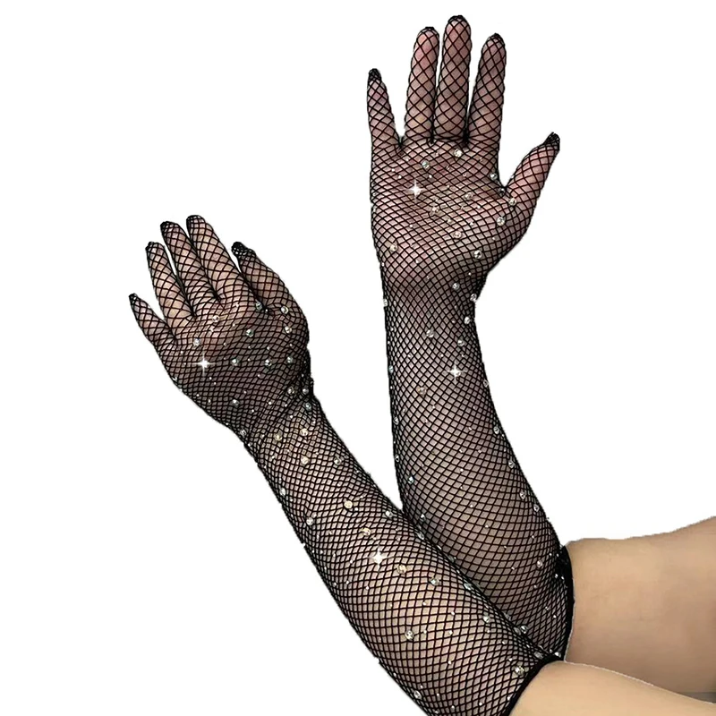 1 Paar Mode Bohren Glitter Mesh Handschuhe Voll finger Stretch Fischernetz Handschuhe Party Musik