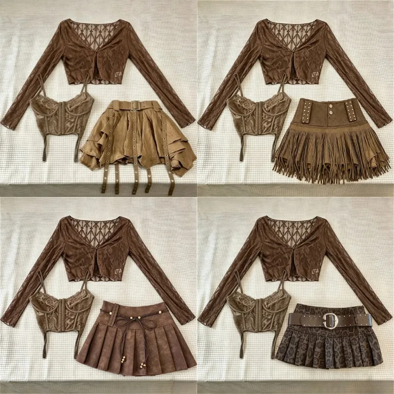 Harajuku Vintage 3 Piece Outfit Korean Fashion Women Short Lace Cardigan + Slim Vest + Y2K E-Girl High Waist Skirt Streetwear