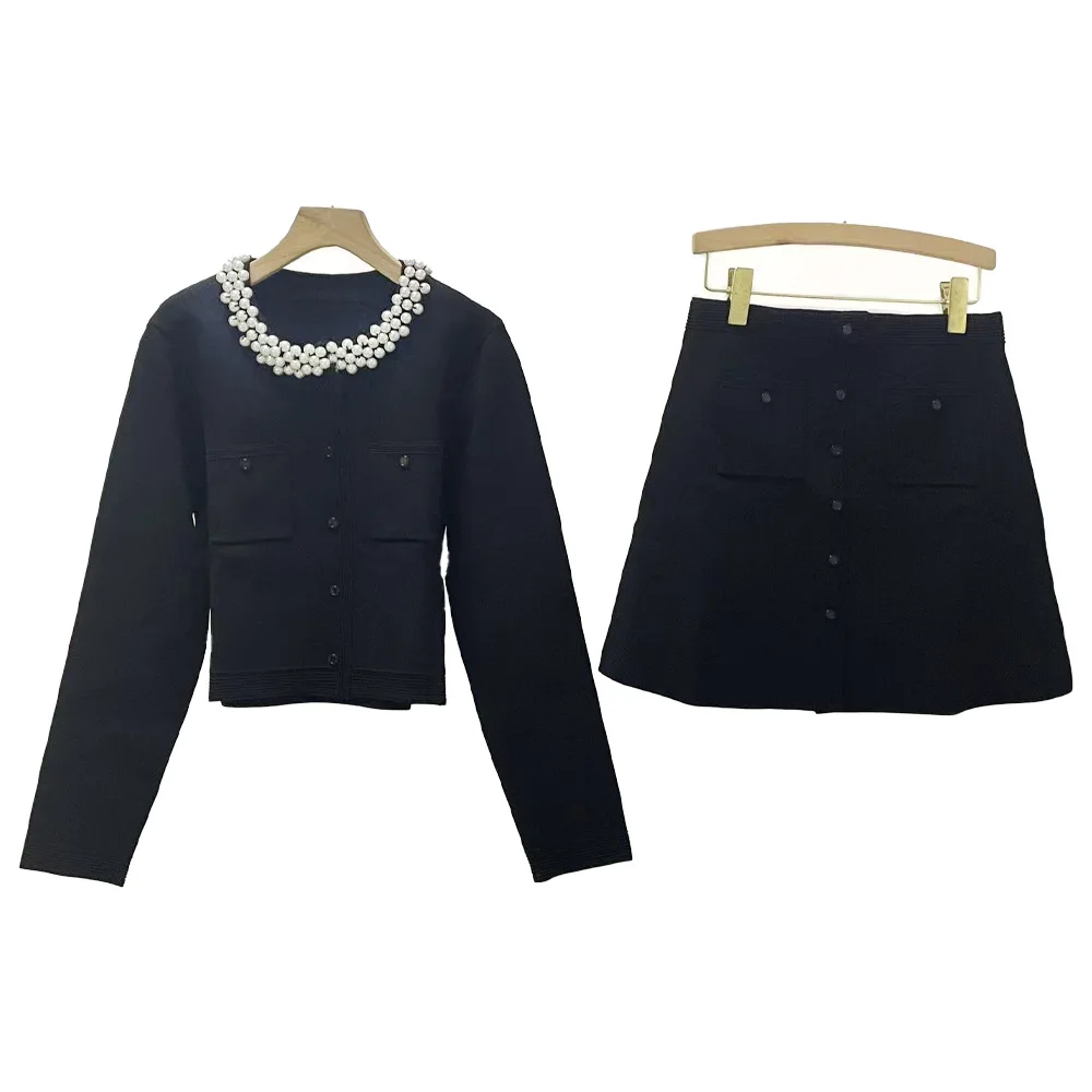

Knitted Set Women Pearls O-Neck Knit Sweater Cardigan Long Sleeve Knitwear Top or Lady Single Breasted A-Line Mini Skirt