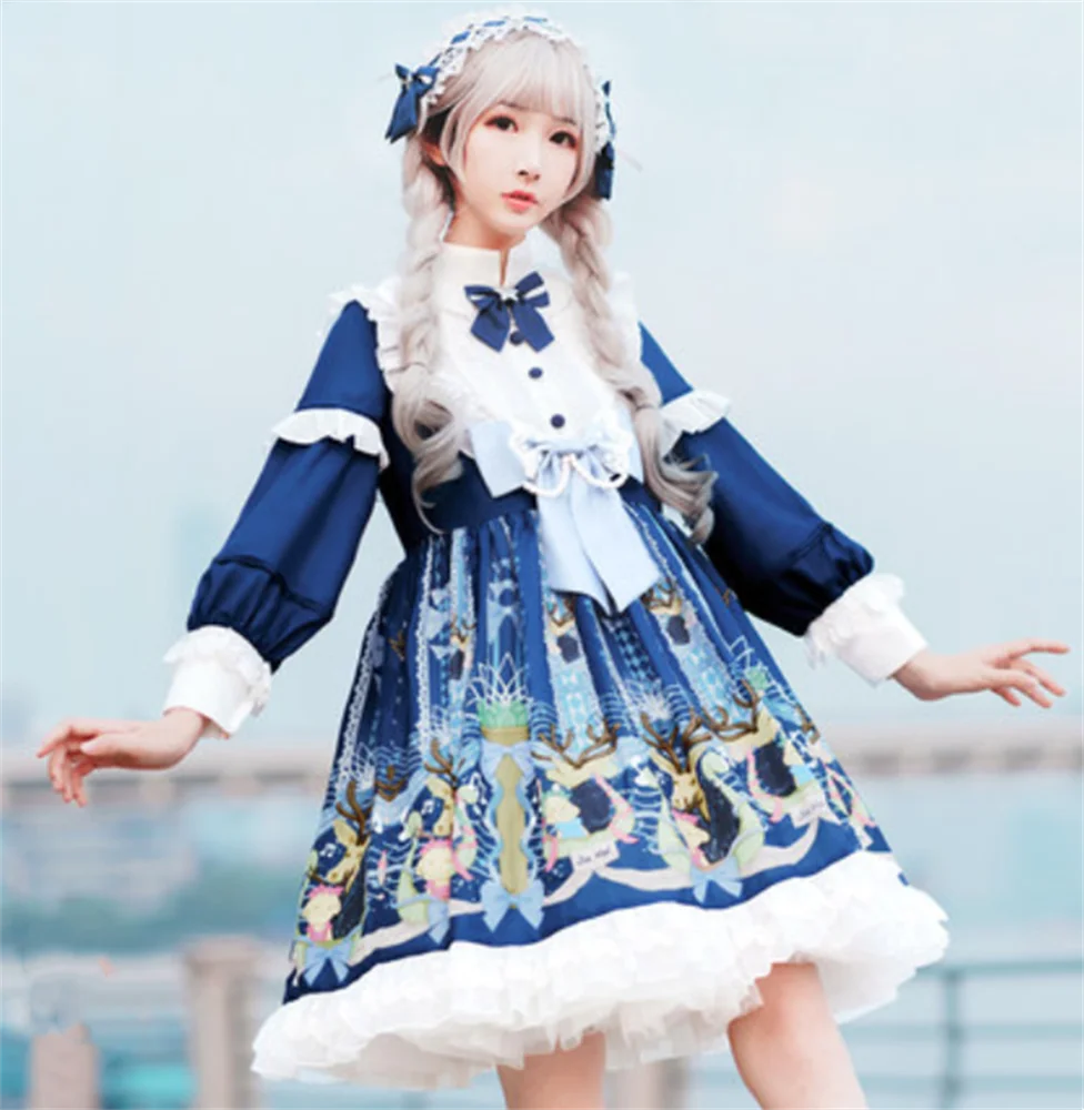 

Sweet Princess Lolita Dress Vintage Lace Bowknot Peter Pan Collar High Waist Victorian Dress Kawaii Girl Gothic Lolita Op Loli