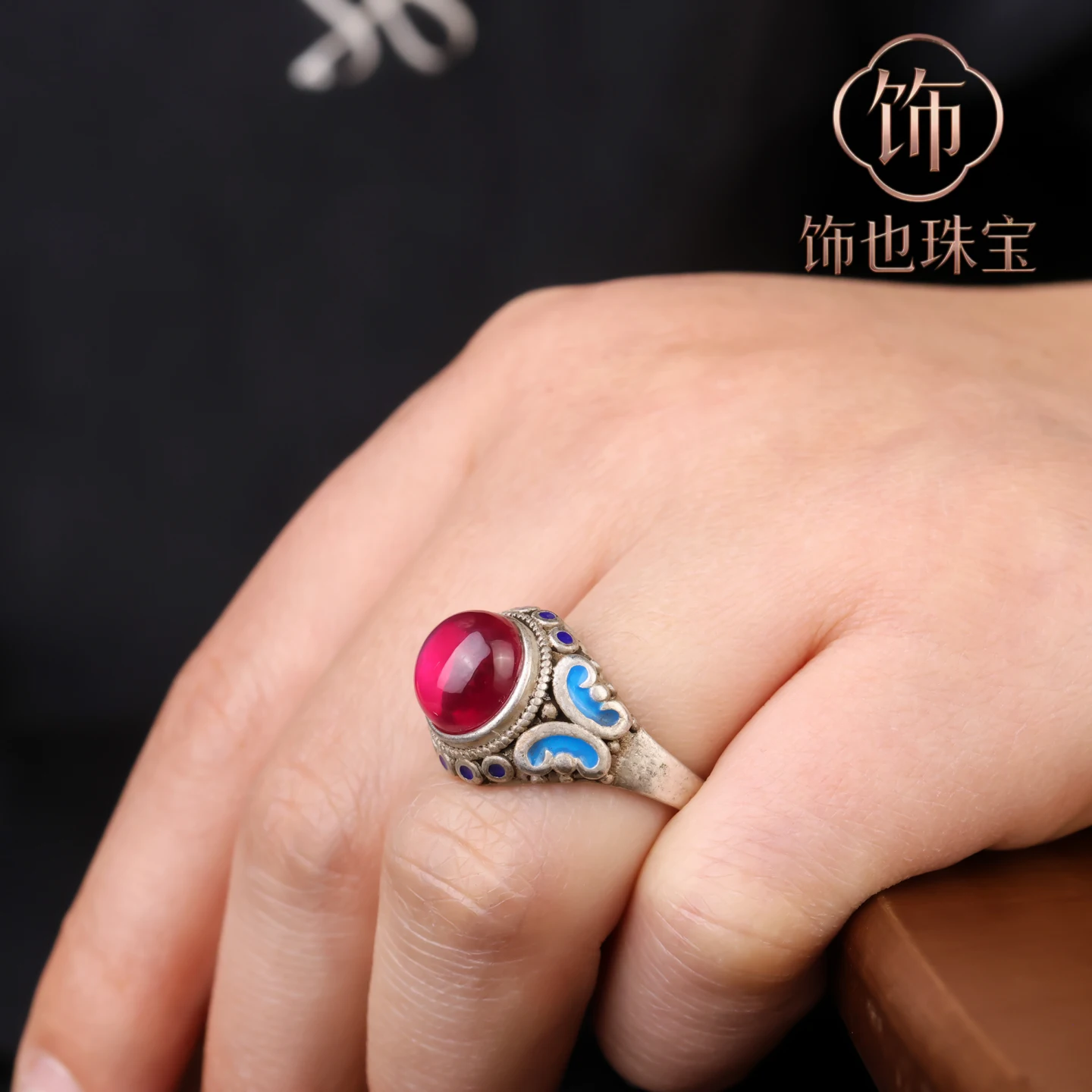 Antique Collection Cloisonne Old Silver Ring Seiko Inlaid Starlight Gemstone Miao Silver Open Ring Gift Silver Jewelry view 5