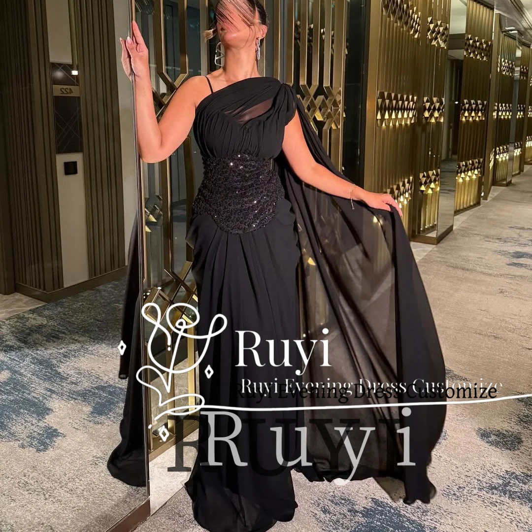 

Customized Black One-shoulder Pleated Evening Dresses 2025 Sequins Beads Luxury Women Wedding Elegant Party Dress Prom Gown