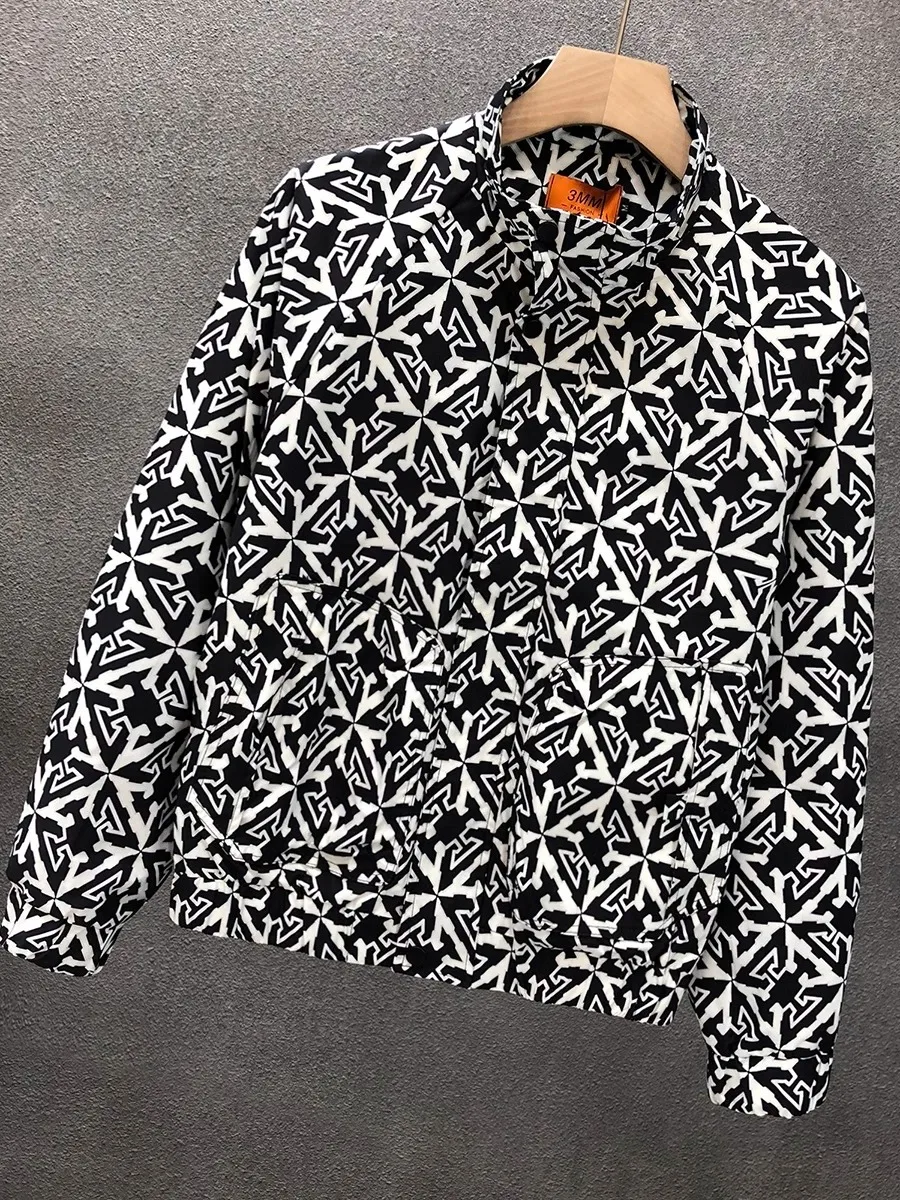 

High-End Printed Casual Jaet Men's Spring Autumn New Sle Slim Fit Stand Collar Outerwear Polyester Fiber Workwear Windproof