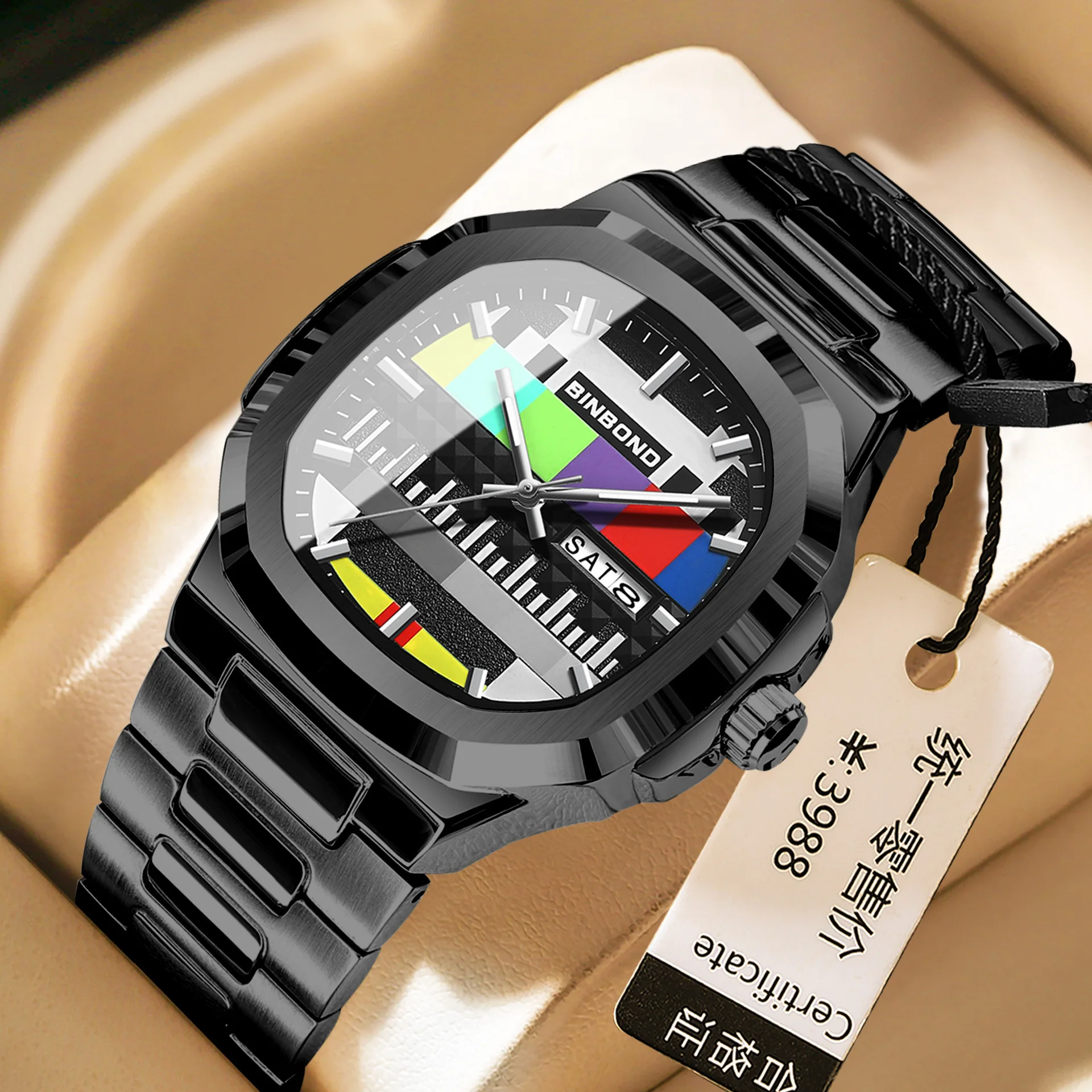 Authentic Men's Retro Quartz Watch High-End Waterproof Square Nostalgic TV Design Steel Belt Leather Wristwatch