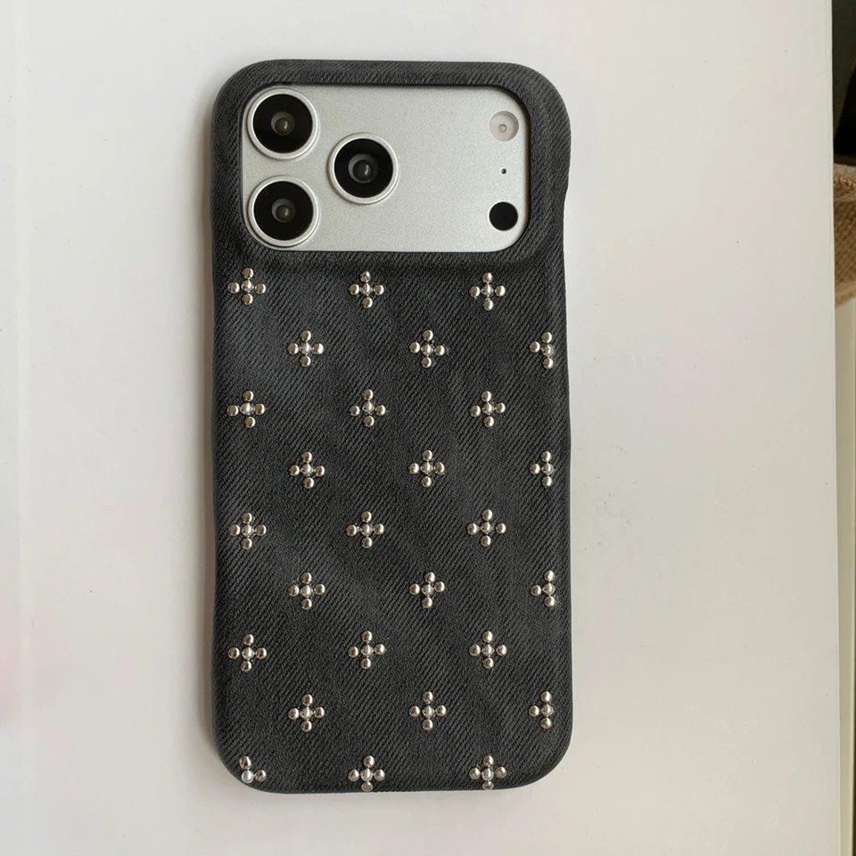 Retro Trendy Cool Blue Black Denim Texture Rivet  Small Flower Shock Proof Phone Cover Case for iPhone 17 16 15 14 Pro Max, image 8