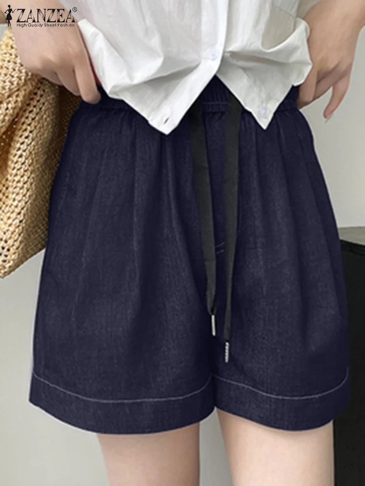 ZANZEA 2024 Summer Denim Blue Shorts Women Trousers Elastic Waist Vinatge Pleated Shorts Fashion Wide Leg Pants Casual Shorts