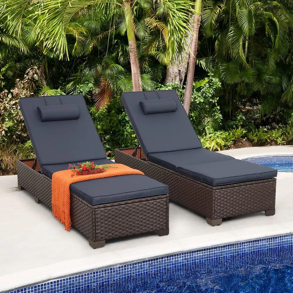 

Set Patio Lounge Chairs Outside Pool Lounger urniture Set o 2 Brown Wicker Recliners with Adjustable Backrest and Navy Blue Cush