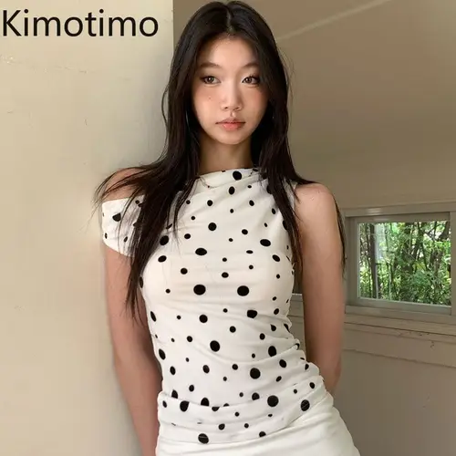 Kimotimo-Camiseta de manga corta de lunares para mujer, Top corto versátil con hombros descubiertos, cintura ajustada, camisetas estéticas sexys Y2k, verano 2025