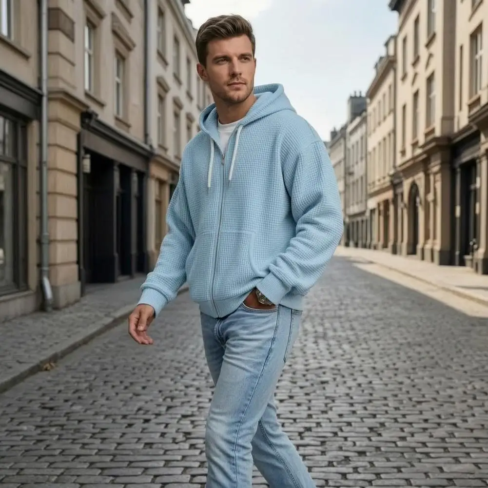 Modern Monochrome Streetwear Men's Waffle Knit Hooded Jacket with Adjustable Hood Zip Up Sweatshirt Outerwear Long Sleeve