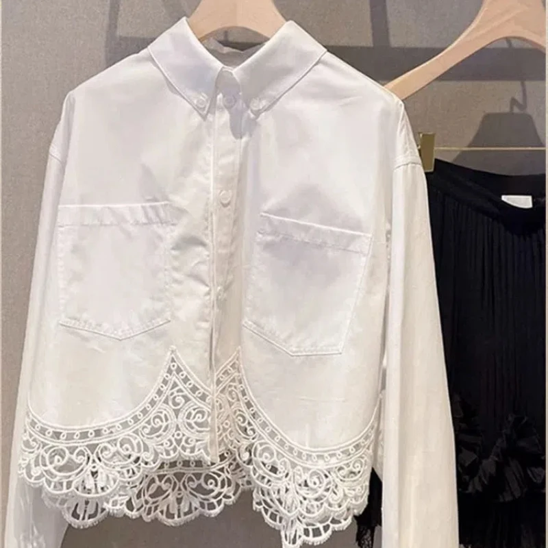 Temperament Women\'s High-end Feel Heavy Industry Lace Patchwork Top Design Sense Niche Small and Short Long Sleeved Shirt