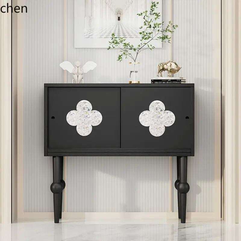 HT Entryway Cabinet Ultra Narrow Retro Black Hallway End Cabinet Corridor Mid-century Style Four-leaf Clover Decorative Cabinet