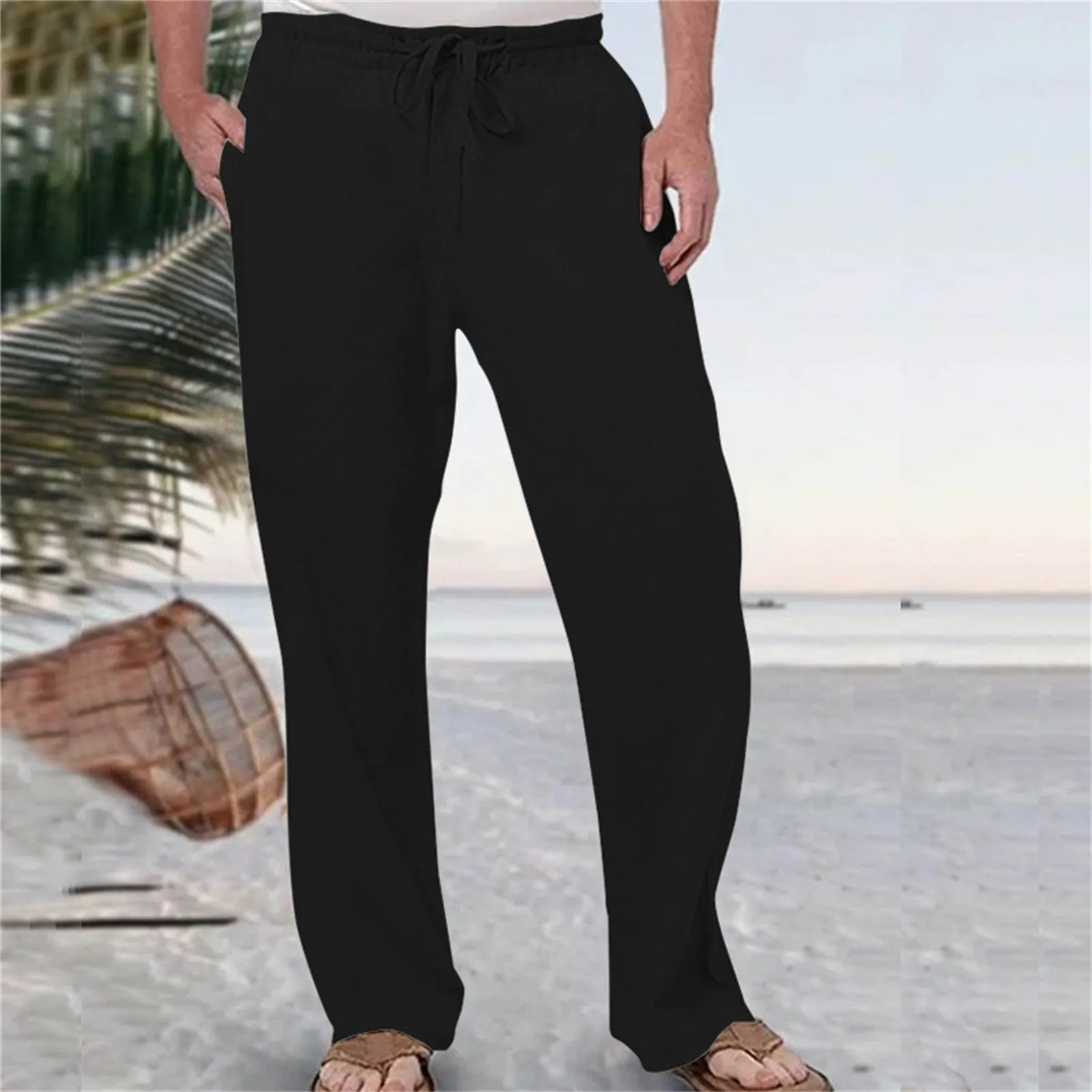 Solid Color Breathable Cotton And Linen Pant With Pocket Men's Fashion Casual Long Pants Elastic Waist Large Size Loose Trousers