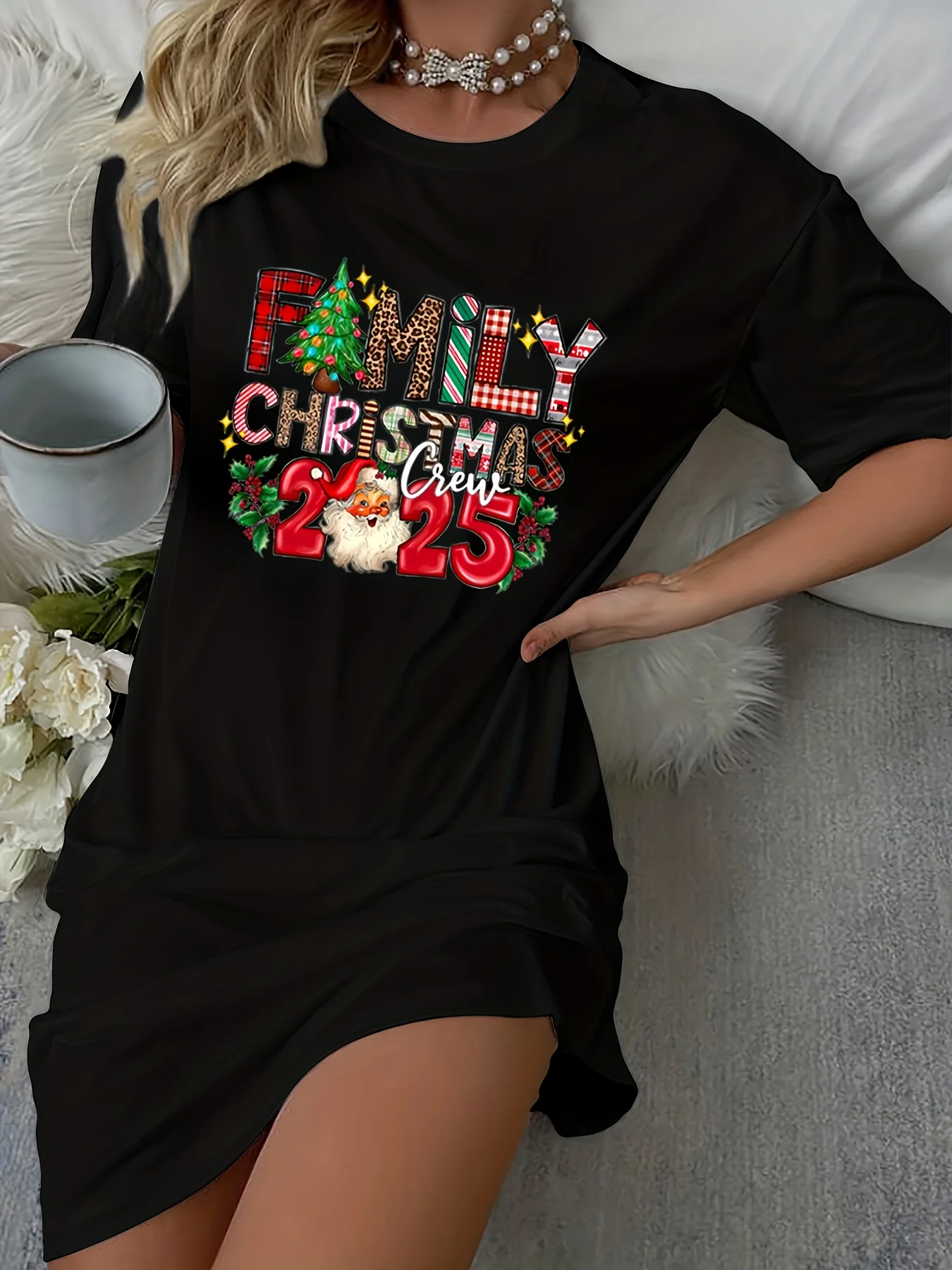 Vestido de natal feminino família natal 2025 impressão a linha vestido feminino véspera de ano novo vestido de festa feminino de manga curta y2k