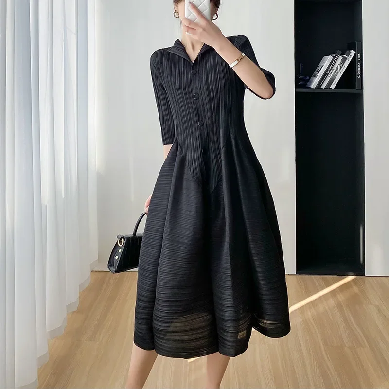 Miyake Pleated Dress Women 2023 Elegant Slim Summer New Casual Mid-length Dresses Women Clothing