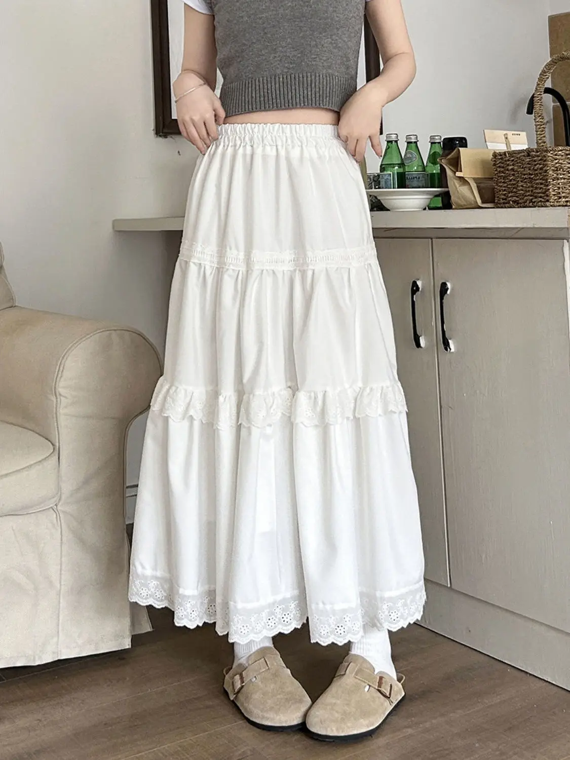 Gonna torta bianca Gonna longuette a trapezio Gonna estiva nuova da donna in pizzo Sle Gonna ombrello drappeggiata Gonna lunga ampia a vita alta