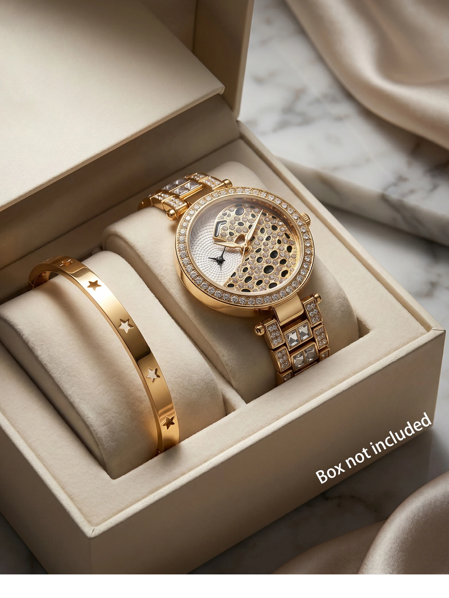 

1Set Teen Gold Leopard Diamond Watch & Star Bangle, No Box for Back To School, Vacation & Holiday Girls Fashion Accessory
