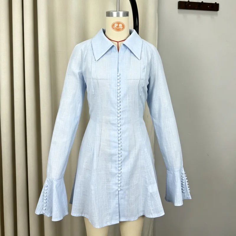 Fashion Solid Slim Mini Dress Women Elegant Lapel Flare Long Sleeve Corset A-line Shirtdress Summer Female Daily Street Skirt