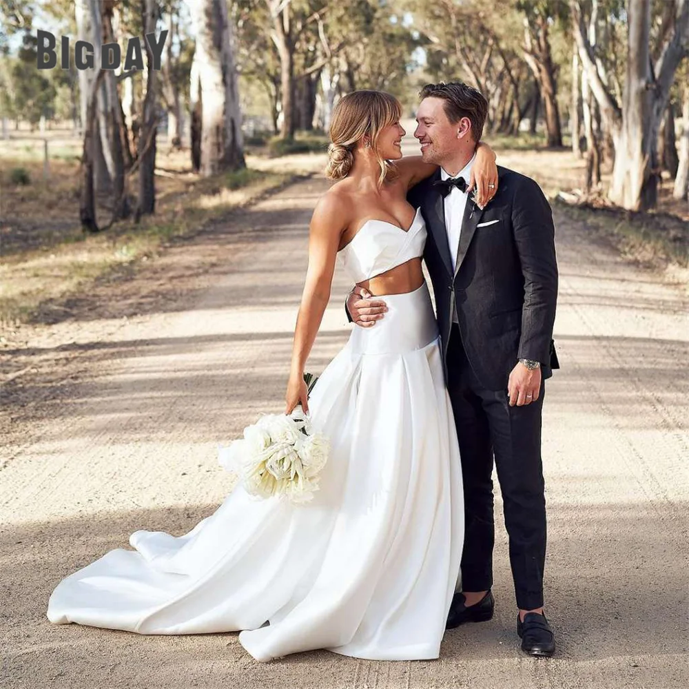 Elegantes Meerjungfrau-Hochzeitskleid, 2-teilig, herzförmig, offener Rücken, ärmellos, Satin, sexy Brautkleid, Zug, Vestidos De Noiva, individuell