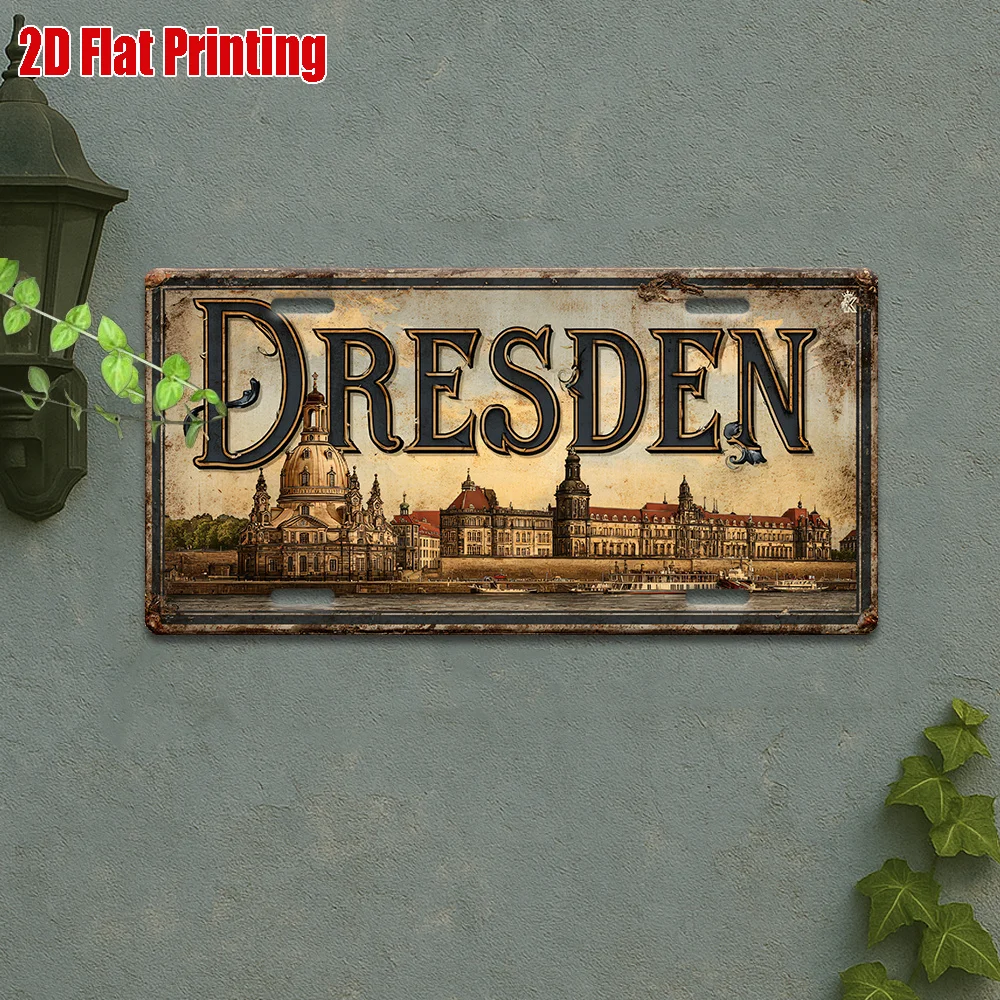 2D Flat Metal Tin Plaque 15x30cm Retro Dresden Historic Building Iron Wall Art Cafe Bar Indoor Decor Plaque