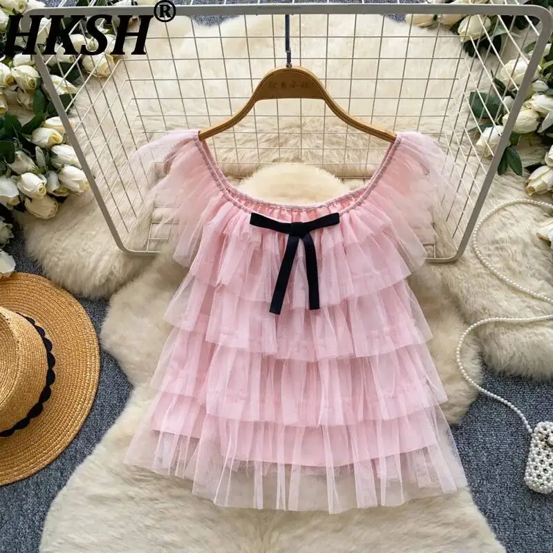 

HKSH Women Shirt Ins Korean Style Sweet Bow Multi-layer Mesh Patchwork Elegant Versatile Trendy Casual Blouse Summer New HK24492