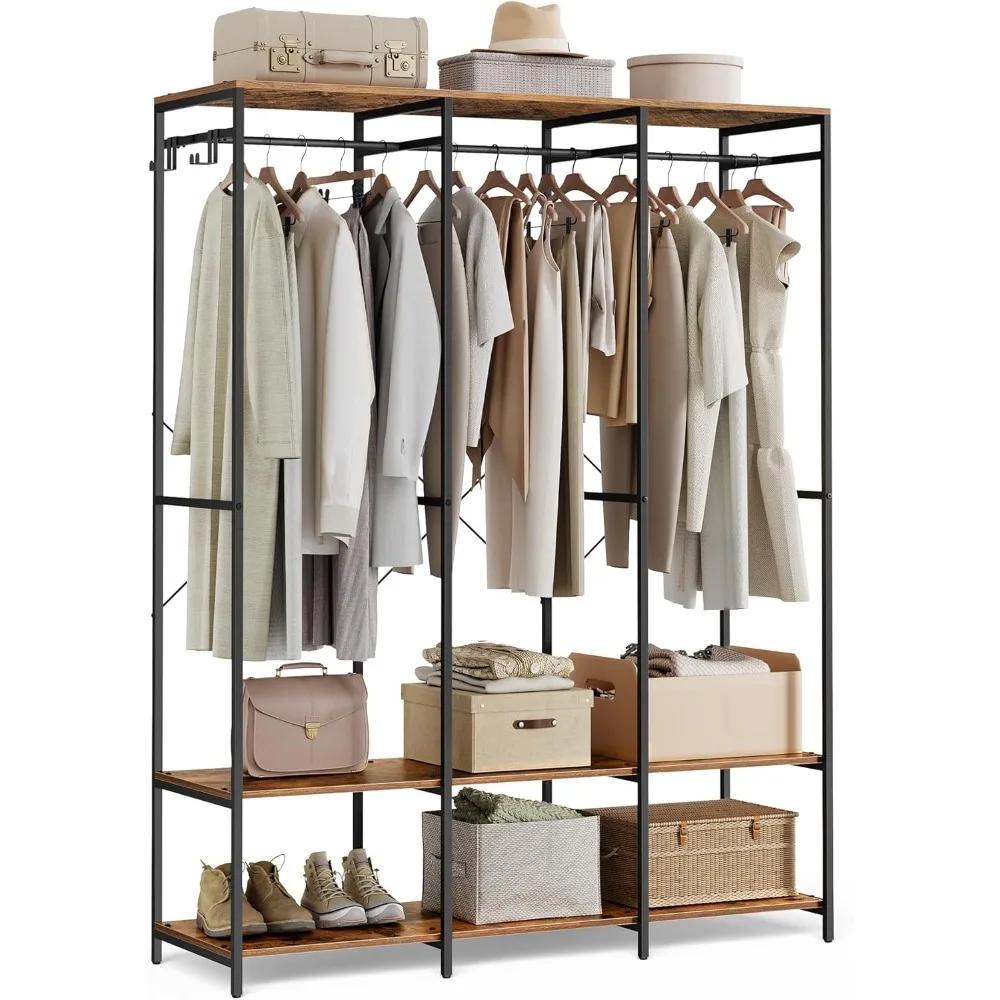 

SONGMICS Clothes Rack, Iron and Wood Wardrobe Closet Organizer, Heavy Duty Garment Rack with Hanging Rods, Closet Shelves,