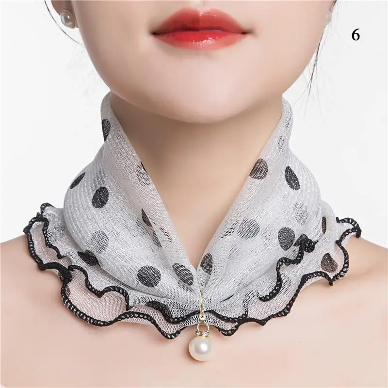 Women Lace Beaded Scarf Ruffle Pearl Pendant Chiffon Scarves Summer Thin Anti-UV Scarf Women Driving Riding Neck Collar