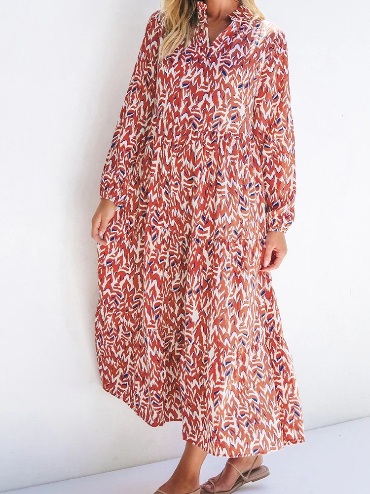 Długa spódnica damska z nadrukiem jesiennych kwiatów, modna, uniwersalna, o średniej długości, z wysokim stanem, w kształcie litery A, z poliestru.