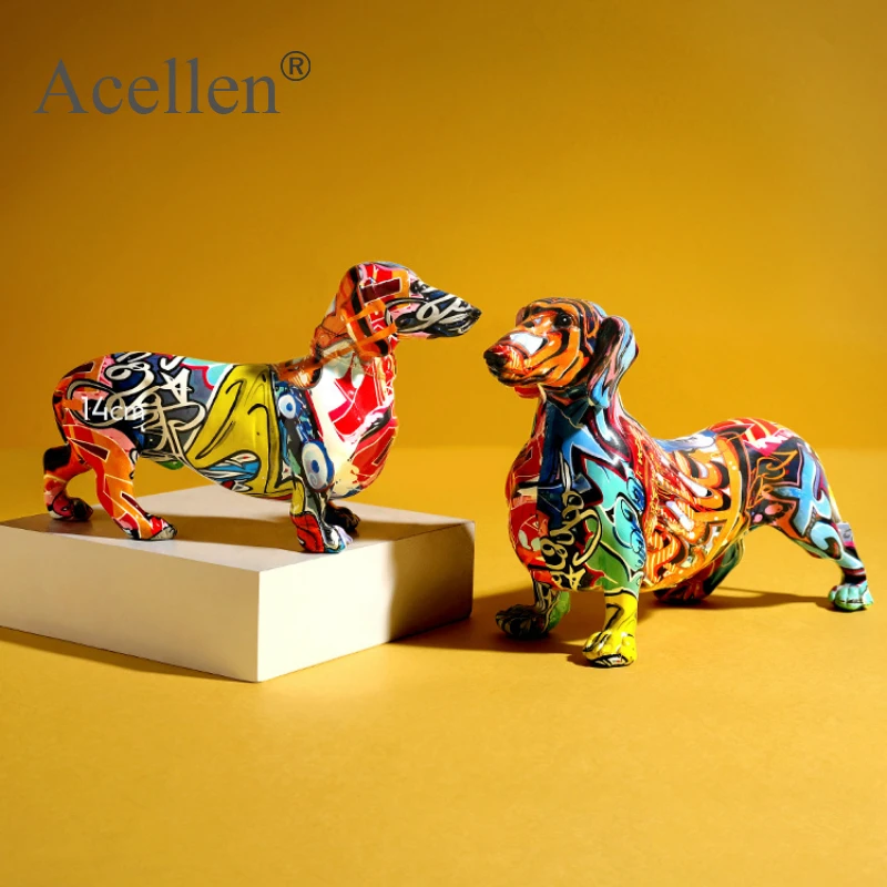 Painted Colorful Dachshund Dog Figurine Home Decor Modern Wine Cabinet Office Decor Desktop Resin Crafts Miniatures Statue Gift