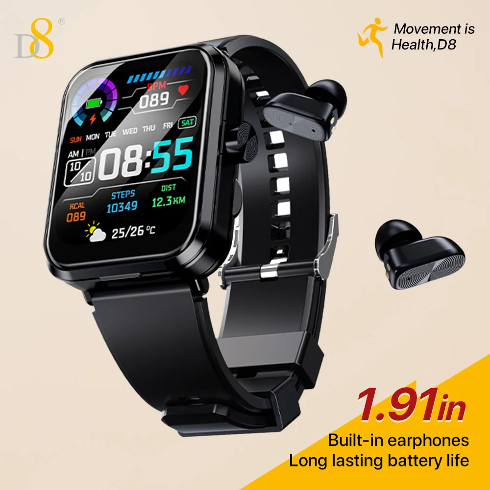 

D8 Смарт-часы 2-в-1 + комбинация гарнитуры TWS, мужские часы Android iPhone, умные часы, гарнитура, фитнес-трекер, SMS-напоминание