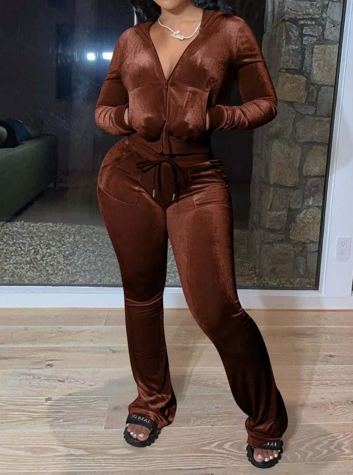 

2025 Autumn Winter Spring New Fashion Casual Golden Velvet Zipper Hoodie Coat Pants Warm Casual Set Womens Two Piece Sets Outfit