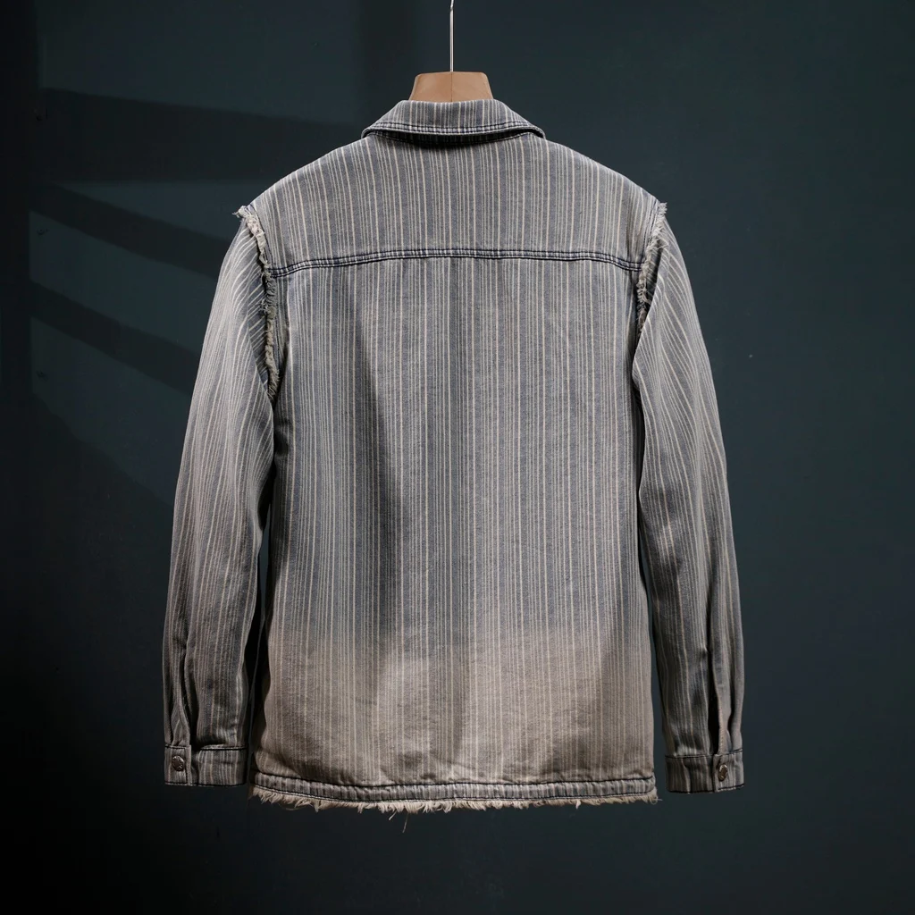 High quality men's denim shirt spring and autumn striped retro washed casual long sleeved shirt jacket men clothing  streetwear