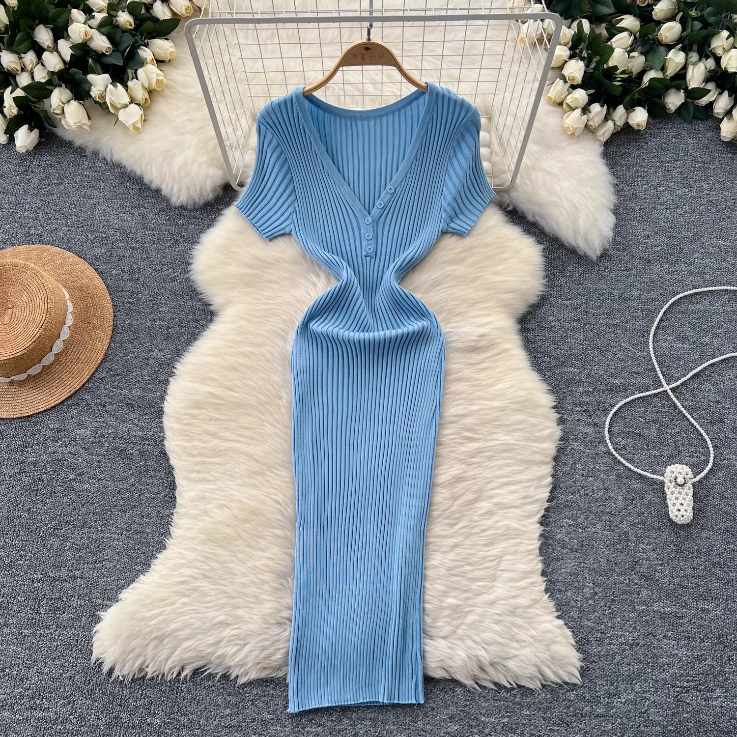 YuooMuoo Chic Fashion V-neck Brilliant Knitted Summer Dress Women Slim Elastic Sexy Package Hips Bodycon Dress Streetwear Outfit