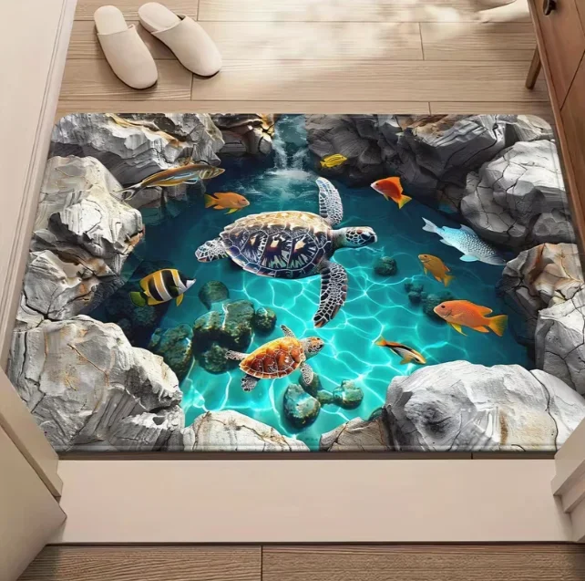Phantom Pond Turtle Door Mat with Turtle & Fish Patterns, Natural Rock Style Floor Rug for Bathroom Living Room Bedroom Entrance