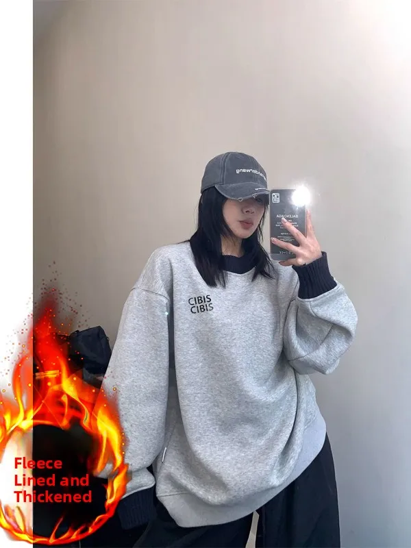 

Autumn Winter plus Size 300 Pou ex Couples Fce Lined Printed Loose Long Sve Warm Trendy Women's Hoodie Sweatirt