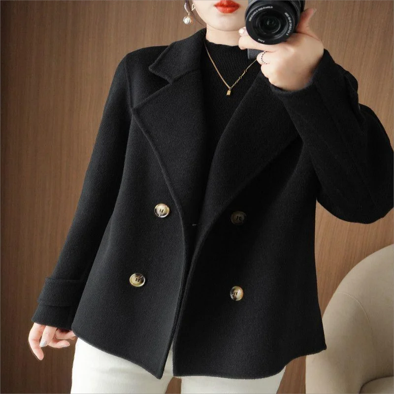 Giacca Blazer di lana Vintage moda coreana da donna giacca da ufficio Casual manica lunga allentata Outewear doppio petto cappotto Chic spesso