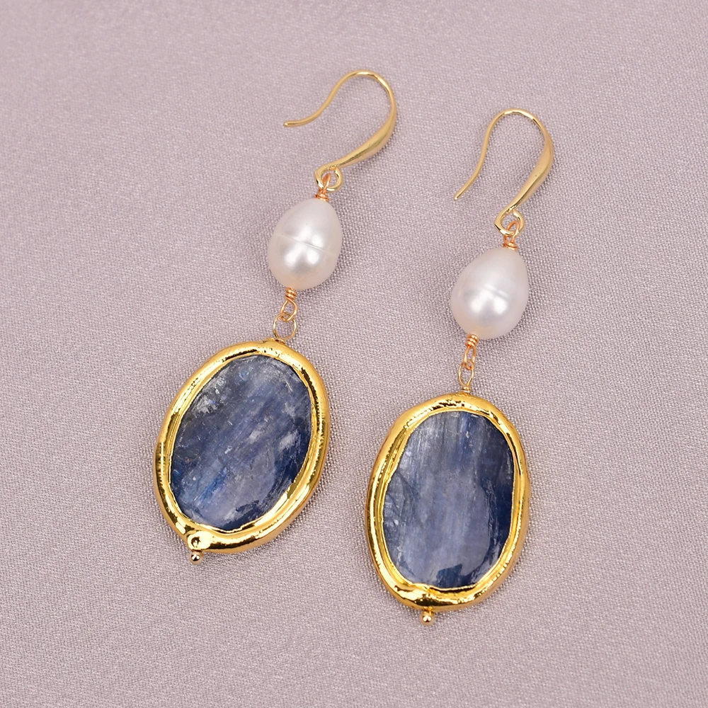 

G-G Cultured White Rice Pearl Natural Blue Kyanite Quartz Dangle Earrings For Lady