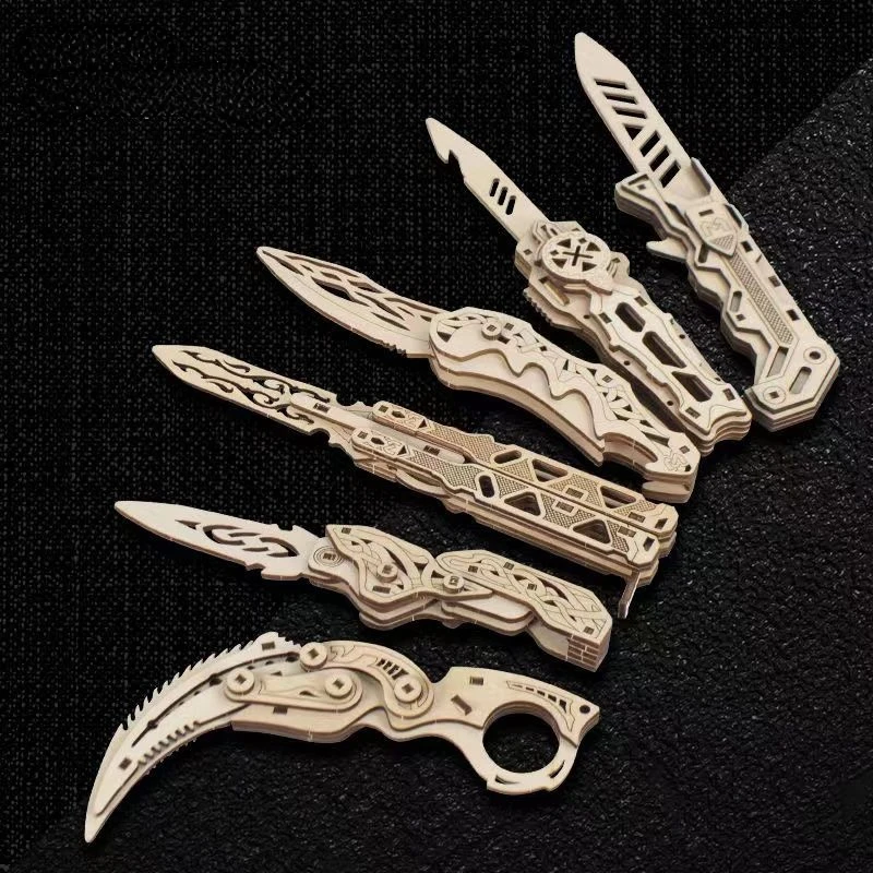 Wood Knife Toy 3D Puzzles Fake Folding Claw Butterfly Knives 6 Kinds CSGO Hand-assembled Model Kit Gift for Adults Teens DIY