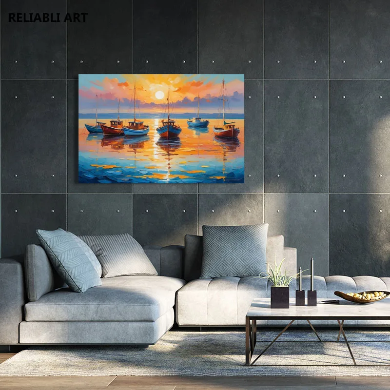Oil Painting Of boats And Sea On Canvas Sunset Over Ocean Modern Impressionism,Print Poster Wall Art Picture Room Decor Unframed