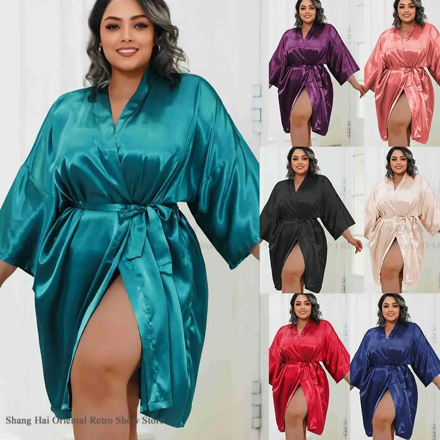Plus Size Women Robe Half Sleeve Bathrobe Kimono Gown Spring Summer New Sleepwear Home Dress Casual Ice Silk Lounge Wear Pajama