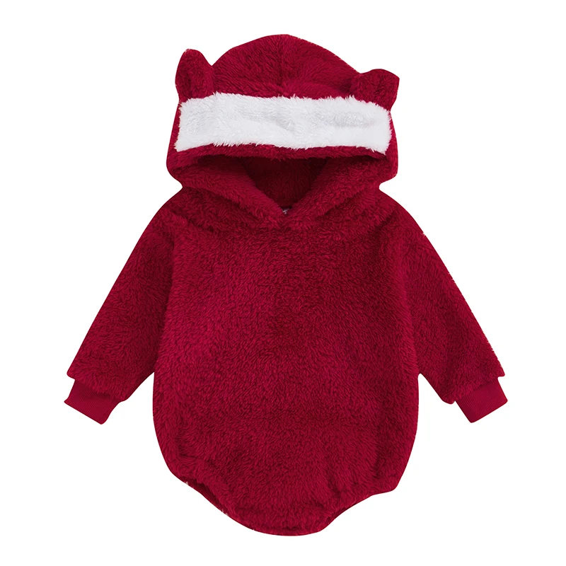 

Baby Winter Romper, Plush Long Sleeve Hooded Contrast Color Bodysuit Clothes for Girls Boys