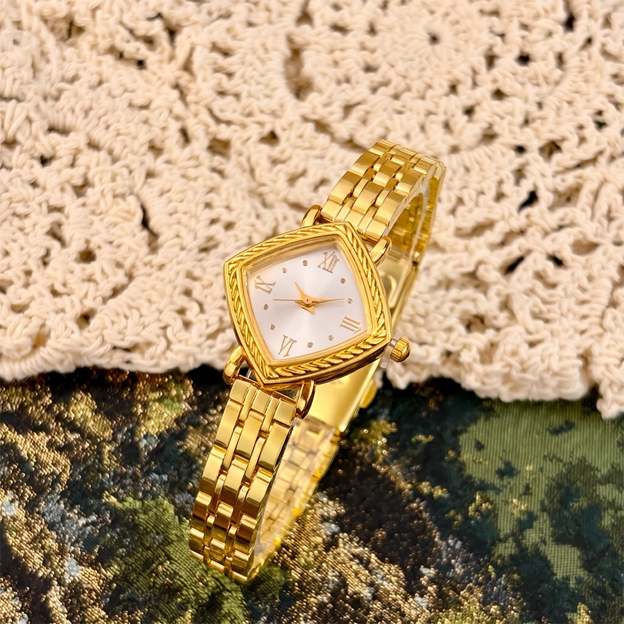 Gold Watch: Mid-century Retro Diamond Dial Brushed Stainless Steel Band Timeless Classic Watch for Ladies