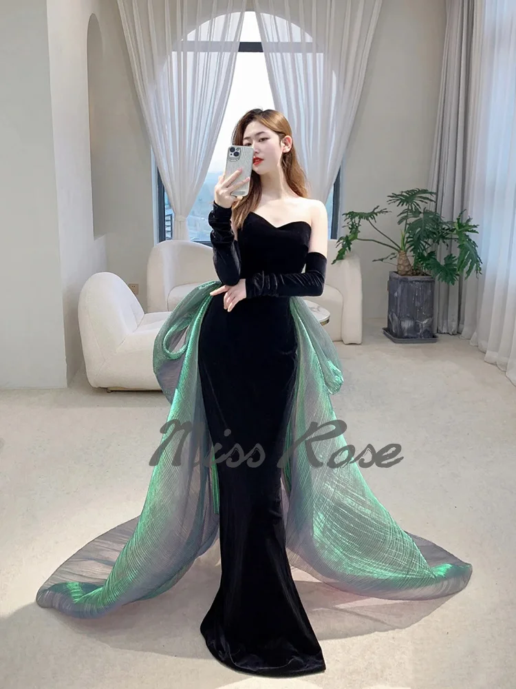 High Grade Black Evening Dress With Green Tail Velvet Celebrity Sexy Bra Fish Tail Dress Slimming Cocktail Bride Dinner Dress