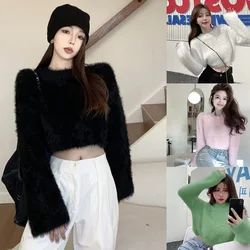 Korean Version Round Neck Sweater Solid Color Sweet Casual Versatile Imitation Mink Velvet Long Sleeved Pullover Sweater