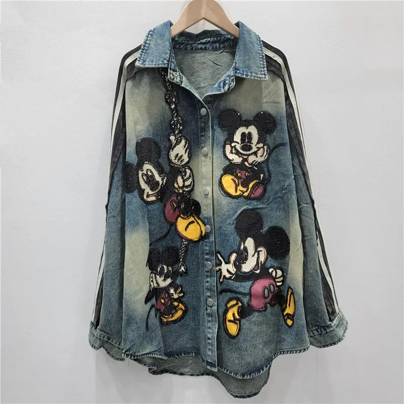 2025 Autumn New Cartoon Anime Print Denim Jacket Women Trendy Brand Heavy Embroidery Sequin Long Sleeve Mid-Length Top